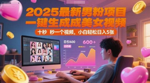 2025最新男粉项目，一键生成美女视频，日引600+色粉 十秒一个视频，小白轻松日入5张【揭秘】-清风