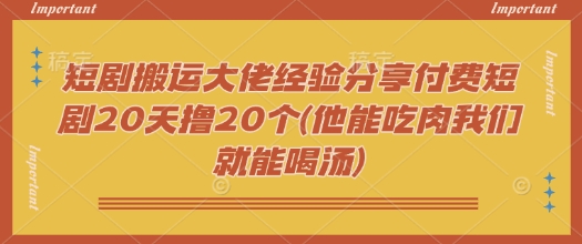 短剧搬运大佬经验分享付费短剧20天撸20个(他能吃肉我们就能喝汤)-清风