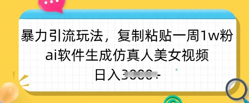 暴力引流玩法，复制粘贴一周1w粉，ai软件生成仿真人美女视频，日入多张-清风
