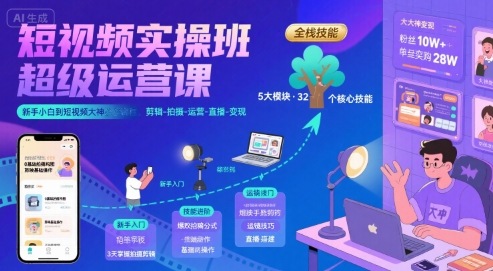 短视频实操班超级运营课，新手小白到短视频大神必修课程，剪辑-拍摄-运营-直播-变现-清风