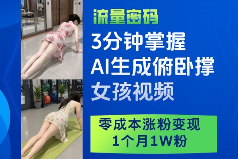 3分钟掌握AI生成俯卧撑女孩视频，零成本涨粉变现，1个月1W粉-清风