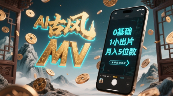 AI一键生成古风音乐MV，0剪辑基础1小时出片，多种变现渠道，一部手机月入5位数-清风