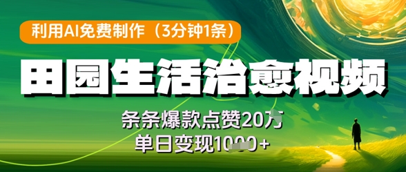 利用AI免费制作田园生活治愈视频，条条爆款点赞20W，单日变现几张-清风