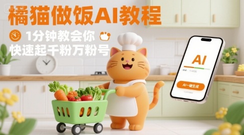 有趣的橘猫买菜做饭视频，用AI一键搞定，1分钟教会你，快速起千粉万粉号-清风