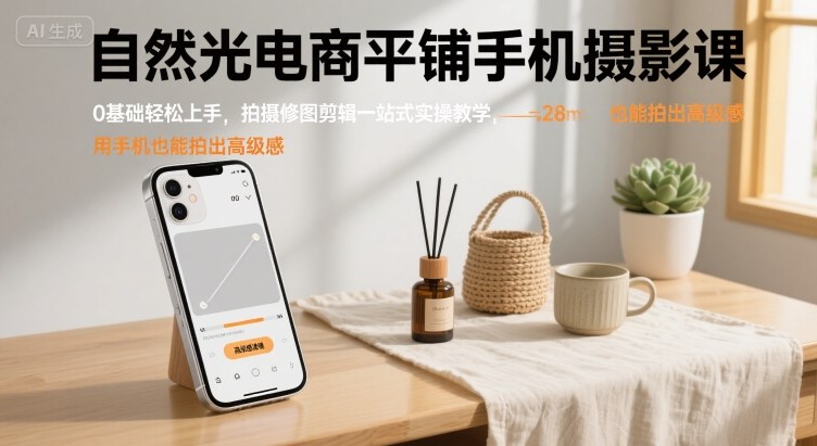 自然光电商平铺手机摄影课，0基础轻松上手，拍摄修图剪辑一站式实操教学，用手机也能拍出高级感-清风