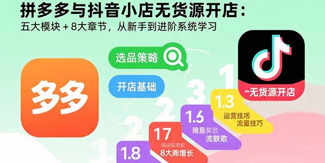拼多多与抖音小店无货源开店：五大模块+8大章节，从新手到进阶系统学习-清风