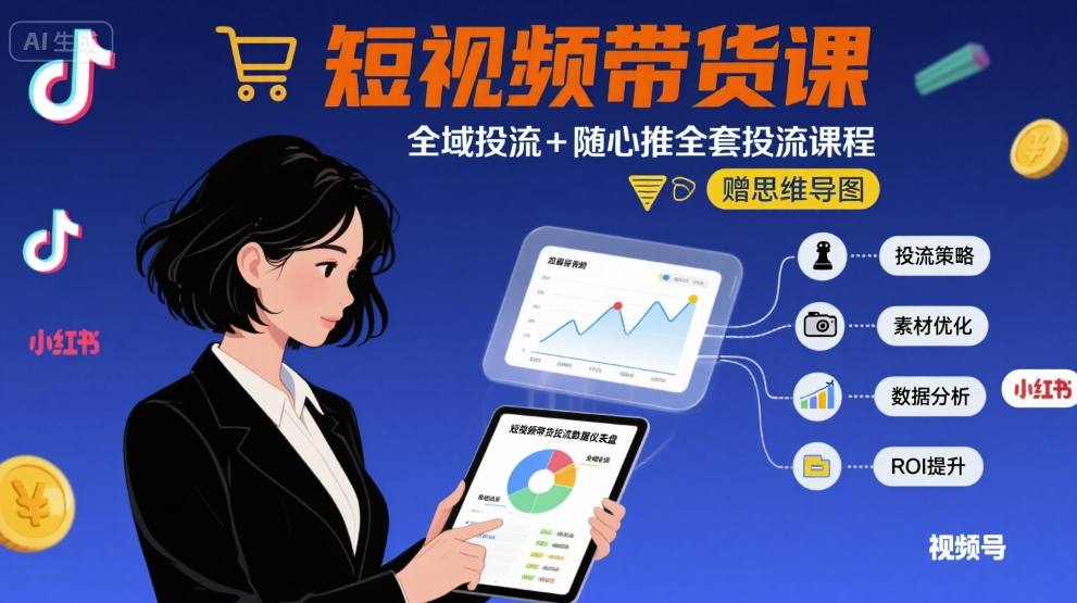最新短视频带货课，全域投流+随心推全套投流课程+思维导图-清风