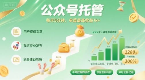 【公众号托管 】我提供文章，你发布，每天5分钟，单篇最高收益1k+【揭秘】-清风