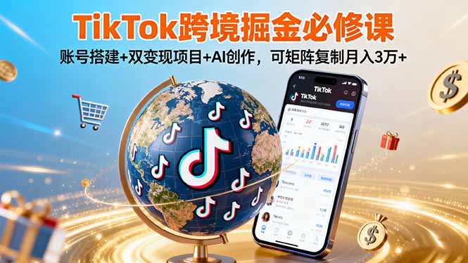 TikTo跨境掘金必修课，账号搭建+双变现项目+AI创作，可矩阵复制月入3万+-清风