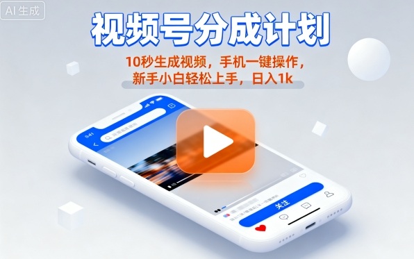 视频号分成计划懒人玩法，10秒生成视频，手机一键操作，新手小白轻松上手，日入1K【揭秘】-清风