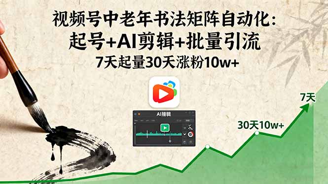 视频号中老年书法矩阵自动化：起号+AI剪辑+批量引流 7天起量30天涨粉10w+-清风