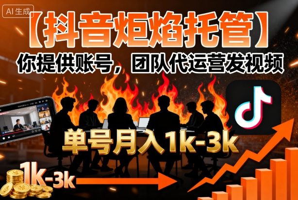 【抖音炬焰托管】你提供账号，团队代运营发视频，单号月入1k+【揭秘】-清风