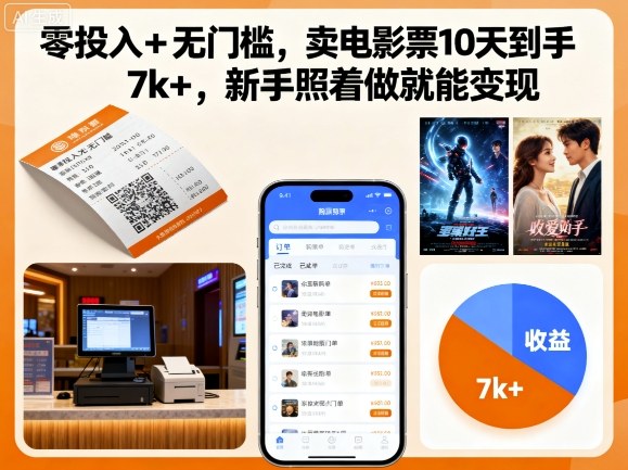 零投入+无门槛，卖电影票10天到手7k+，新手照着做就能变现【揭秘】-清风