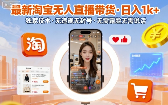 最新淘宝无人直播带货，日入1k+，独家技术，无违规无封号，无需露脸无需说话【揭秘】-清风