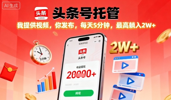 【头条号托管】我提供视频，你发布，每天5分钟，最高躺入2W+【揭秘】-清风