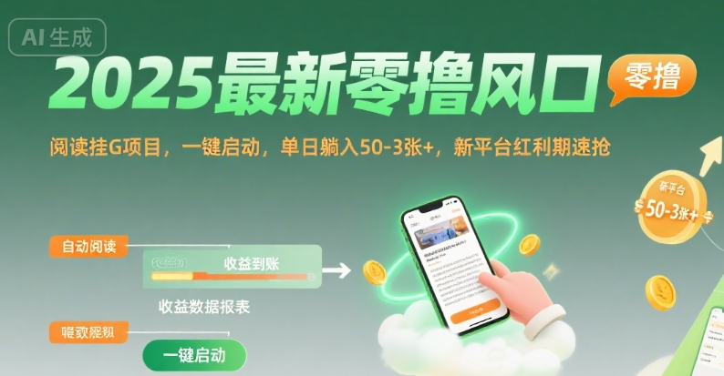 2025最新零撸风口，阅读挂G项目，一键启动，单日躺入 50-3张+，新平台红利期速抢【揭秘】-清风
