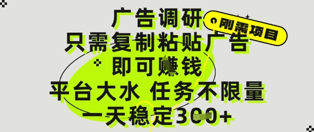 广告调研项目，只需复制粘贴广告即可挣钱，平台大水，任务不限量，一天3张【揭秘】-清风