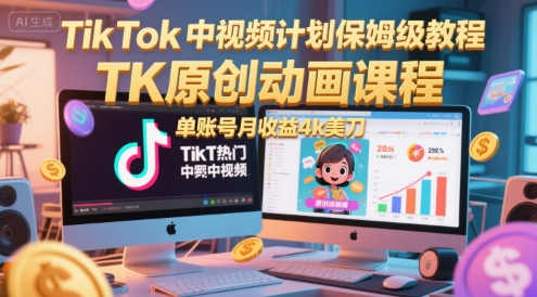 TikTok中视频计划保姆级教程，TK原创动画课程，单账号月收益4k美刀-清风