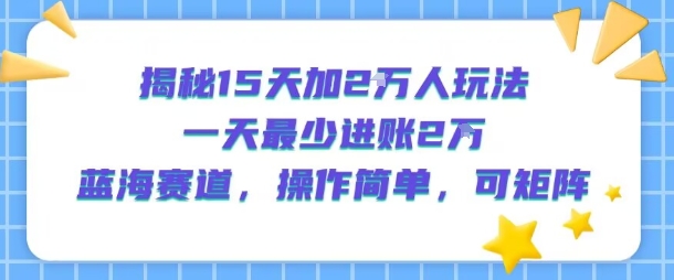 揭秘15天加2W人玩法，一天最少2万进账，蓝海赛道，操作简单，可矩阵-清风