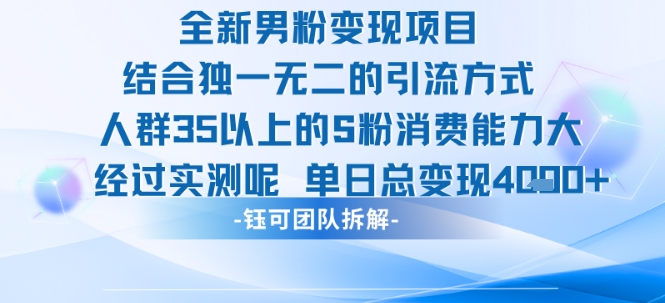 全新男粉变现项目引流人群35以上的男粉消费能力大 经过实测单日变现1k+-清风