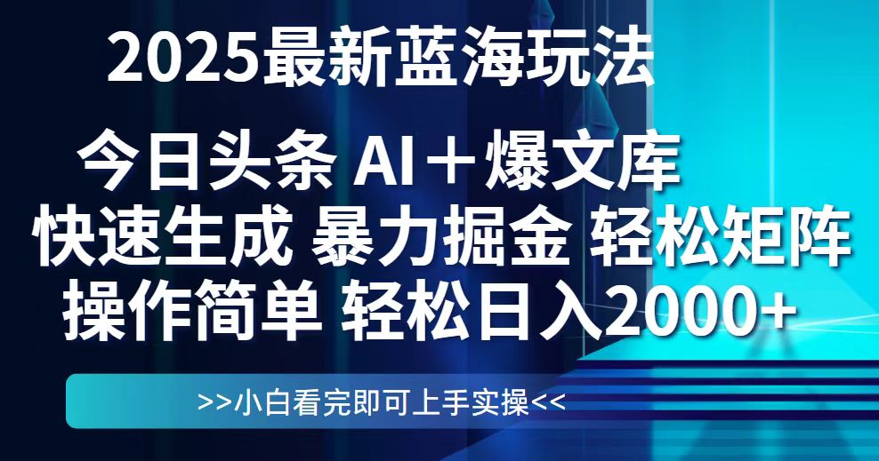 今日头条2025最新蓝海玩法，思路简单，复制粘贴，轻松实现矩阵日入2000+-清风