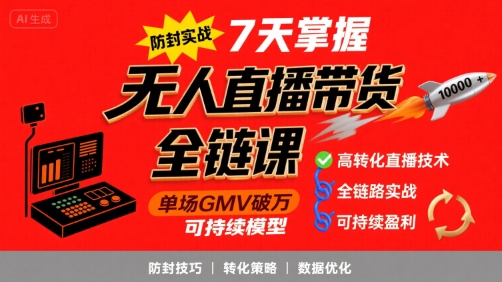 无人直播带货全链防封实战课，7天掌握高转化直播技术，实现单场GMV破万可持续模型-清风
