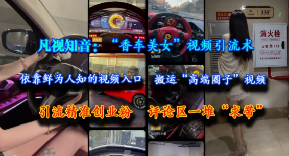 凡视知音：“香车美女”视频引流术，依靠鲜为人知的视频入口，搬运“高端圈子”视频，引流精准创业粉，评论区一堆“求带”-清风