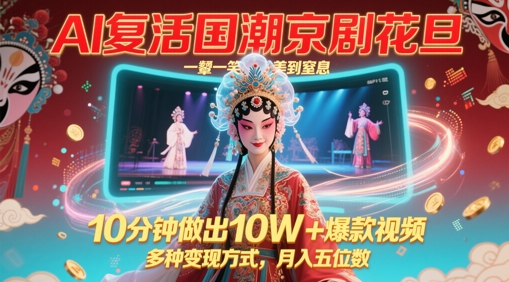 AI复活国潮京剧花旦，一颦一笑美到窒息，10分钟做出10W+爆款视频，多种变现方式，月入五位数-清风