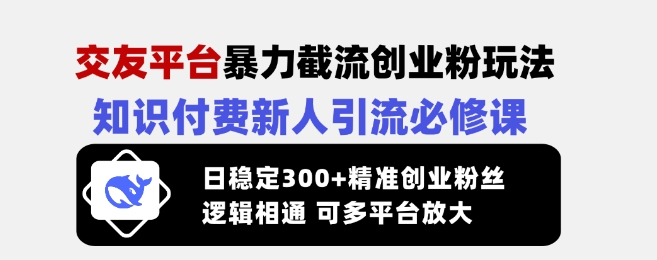 交友平台暴力截流创业粉玩法，知识付费新人引流必修课，日稳定300+精准创业粉丝，逻辑相通可多平台放大-清风