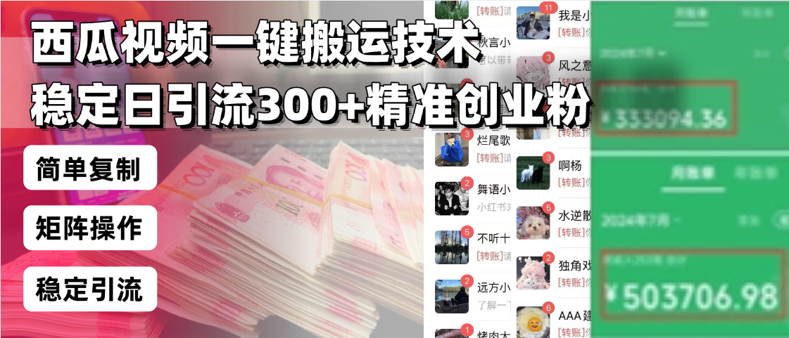 西瓜视频一键搬运技术，稳定日引流300+精准创业粉，简单可复制给团队，…-清风