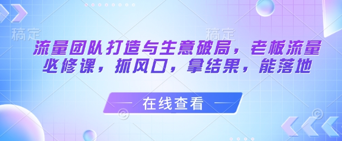 流量团队打造与生意破局，老板流量必修课，抓风口，拿结果，能落地-清风