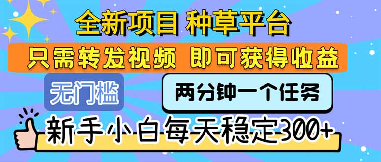 全新项目 种草平台 只需要转发任务视频 即可获得收益 新手小白每天300+-清风
