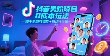 抖音男粉项目0成本玩法，一部手机即可操作，日均4张+，时间自由-清风