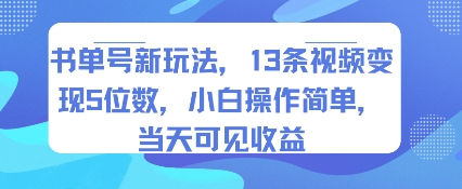 书单号新玩法，13条视频变现5位数，小白操作简单，当天可见收益-清风