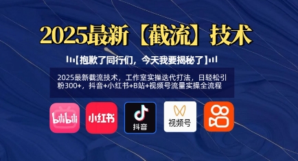 2025最新截流技术，工作室实操迭代打法，日轻松引粉300+，抖音+小红书+B站+视频号流量实操全流程-清风