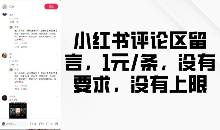 小红书评论区留言，1元条，没有要求，没有上限-清风