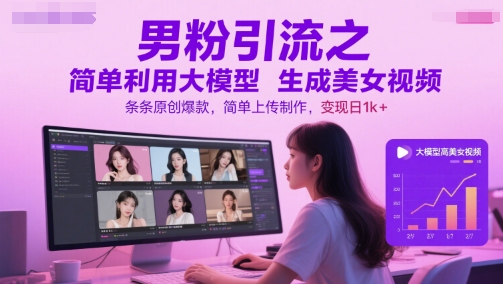 男粉引流之简单利用大模型生成美女视频，条条原创爆款，简单上传制作，变现日1k+-清风