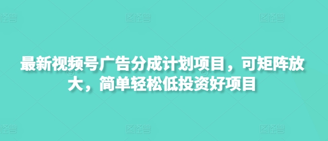 最新视频号广告分成计划项目，可矩阵放大，简单轻松低投资好项目-清风