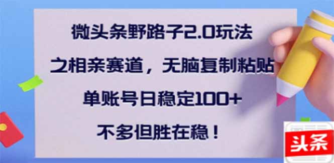 微头条野路子2.0玩法之相亲赛道，无脑搬砖复制粘贴，单账号日稳定300+…-清风