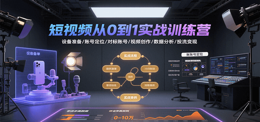 短视频从0到1实战训练营：设备准备/账号定位/对标账号/视频创作/数据分析/投流变现-清风