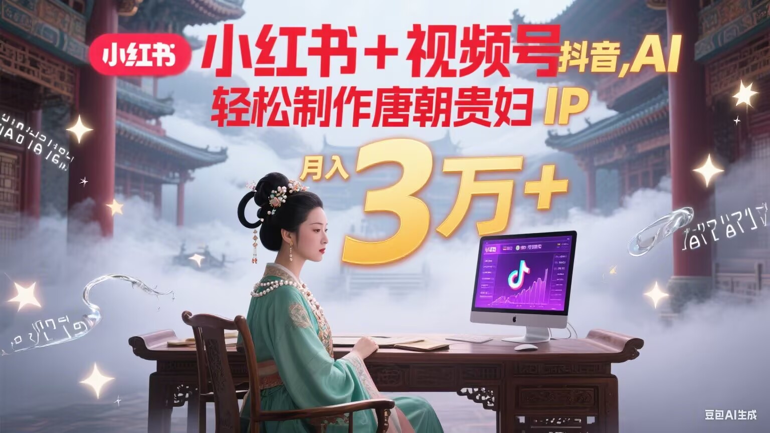 小红书+视频号+抖音，AI轻松制作唐朝贵妇IP，毒鸡汤、励志、减肥瘦身、养生赛道轻松切入，每天30分钟，轻松产出N条，月入3万+-清风