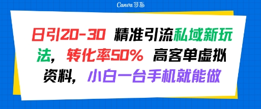 日引 20-30 精准引流私域新玩法，转化率50% 高客单虚拟资料，小白一台手机就能做-清风