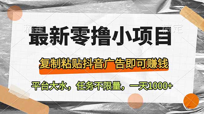 最新零撸小项目，复制粘贴抖音广告即可赚钱，平台大水，任务不限量，一…-清风