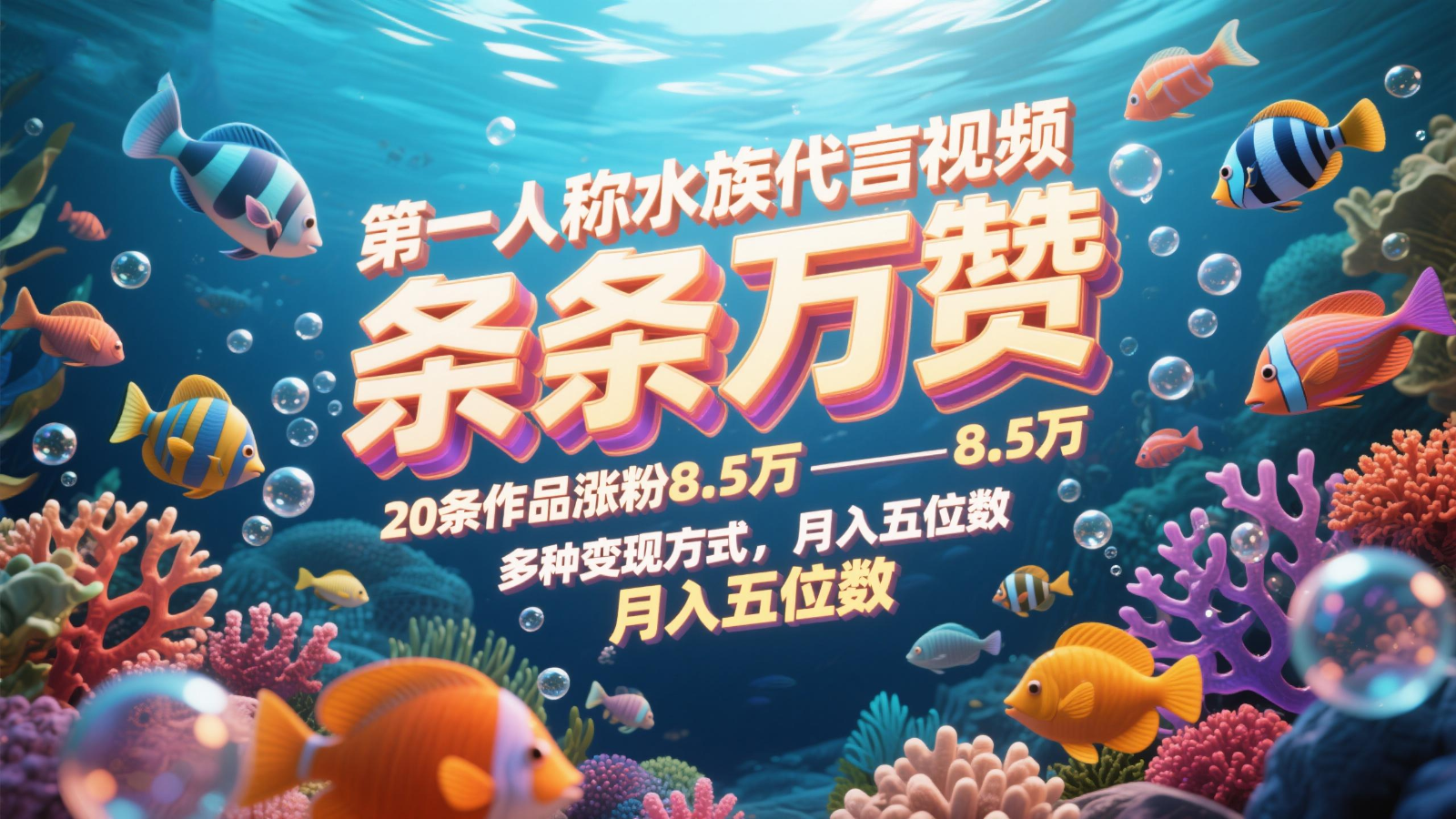 第一人称水族代言视频，条条万赞，20条作品涨粉8.5万，多种变现方式月，入五位数-清风