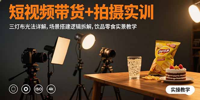 短视频带货+拍摄实训：三灯布光法详解,场景搭建逻辑拆解,饮品零食实景教学-清风