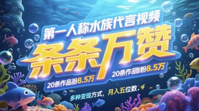 第一人称水族代言视频，条条万赞，20条作品涨粉7.8W，多种变现方式月入五位数-清风
